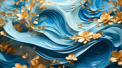 Fototapeta na wymiar Abstract background of Blue wave motion with gold flower. 3D rendering illustration for design, backdrop, wallpaper, banner or poster