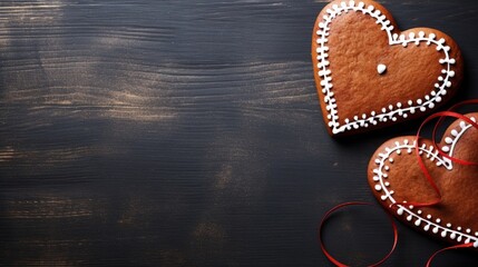 Sweet gift for St Valentine`s Day. Heart shaped gingerbread on dark wooden background top view copy space