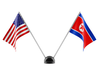 Stand with two national flags. Flags of North Korea and the USA. Isolated on a transparent background. 3d render