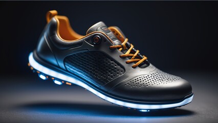 futuristic blue light black sports shoes. Neon glow light. Black background. AI generated