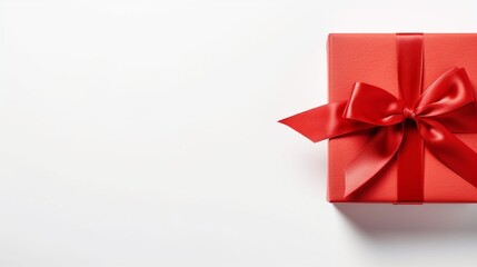 Obraz na płótnie Canvas Saint Valentine`s Day concept. Top view photo of red giftbox with silk ribbon bow on isolated white background with copyspace