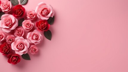 Composition for valentine`s day. Bouquet of red roses and hearts on pink background, copyspace