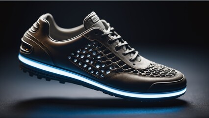 futuristic blue light black sports shoes. Neon glow light. Black background. AI generated