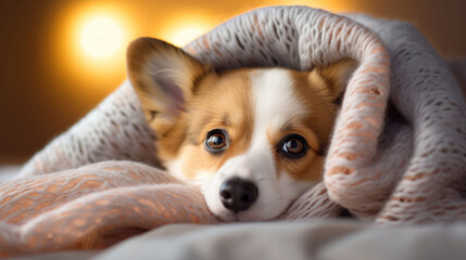 Cozy Corgi enveloped in a textured blanket, giving a soft, comforting look in a tranquil setting.