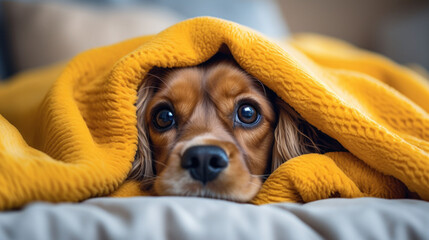 Dog with expressive eyes peeking out from a yellow blanket, embodying coziness and curiosity.