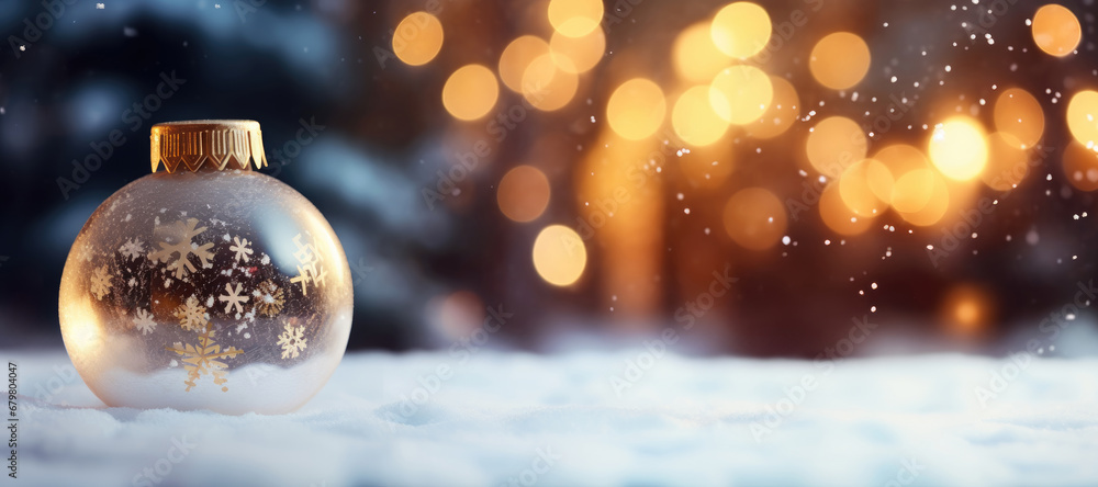 Aufkleber christmas ball on snow with bokeh background. space for text or product display.