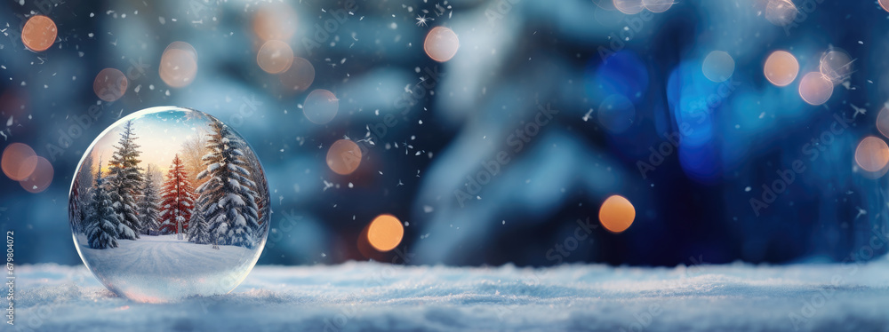 Aufkleber snow globe with christmas trees in snow and bokeh background