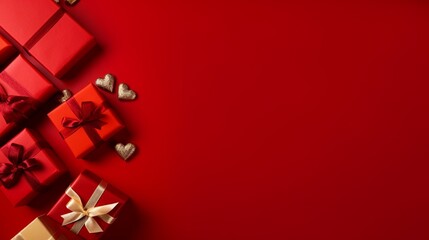 Top view photo of saint valentine`s day decorations presents gift boxes on isolated red background with copyspace