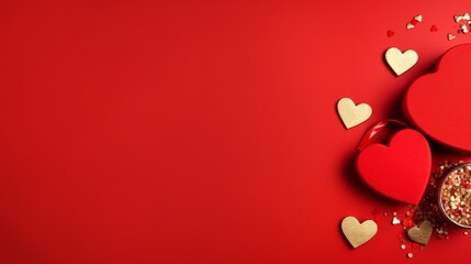 Top view photo of saint valentine`s day decorations presents gift boxes on isolated red background with copyspace