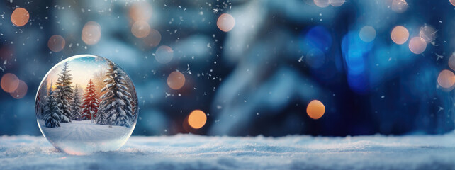 Snow globe with christmas trees in snow and bokeh background - obrazy, fototapety, plakaty