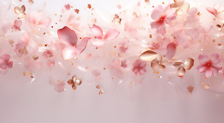 Fototapeta na wymiar Whimsical Blush Wallpaper. Light Pink Pastel Hue Petals and Gold Bokeh Confetti Banner. Dreamy Backdrop.