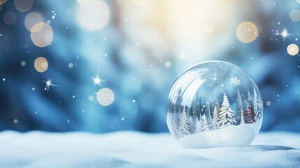 Fototapeta na wymiar Christmas glass ball with fir trees on snow and bokeh background
