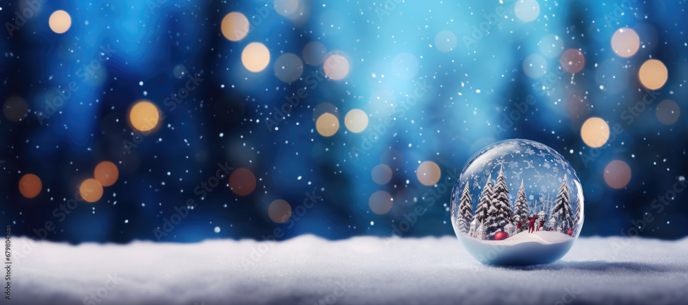 Poster christmas snow globe with fir trees on snow and bokeh background