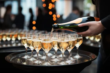 Fotobehang Tablett voller Sekt Champagner wird mit einer Flasche eingeschenkt (Durch AI generiert) © Sven