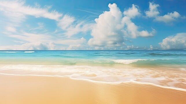  Beautiful background image of tropical beacBright summer sun over ocean. Blue sky with light clouds, turquoise ocean with surf and clear white sand. Harmony of clean environment