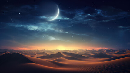 Desert landscape with moon and stars in the sky