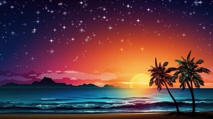 Illustration of Night beach with palm trees and starry sky.