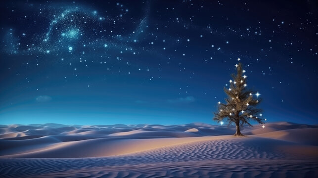 Christmas tree in the desert with starry sky.