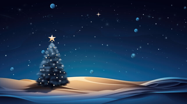 Illustration of a Christmas background with a Christmas tree in the desert