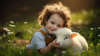 a child on the grass with a little lamb.Generative AI