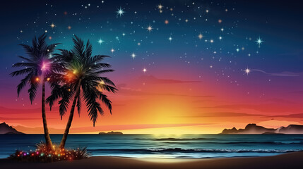 Illustration of sunset on the beach with palm trees and starry sky