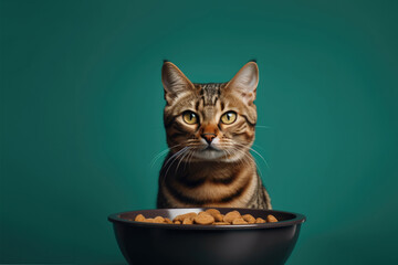 Domestic life with pet. Feeding hungry pet. Happy pet in front of bowl of croquette.Happy Cat and dog