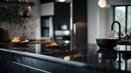 Modern empty dark marble table top or kitchen island on blurry bokeh kitchen room interior background. for montage product display