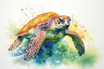 watercolor Turtle illustration with splash watercolor textured background