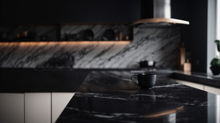Modern empty dark marble table top or kitchen island on blurry bokeh kitchen room interior background. for montage product display	