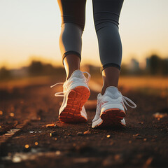 Frauenbeine mit weißen Laufschuhen am Joggen auf Straße Weg Natur (Durch AI generiert)