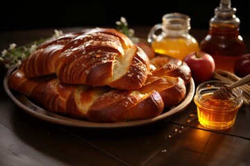 A decorative platter with different types of Challah round ones for Rosh Hashanah, braided ones for Shabbat adorned with symbols like apples and honey for the Jewish New Year.