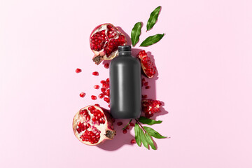 Top view cosmetic background for product presentation with pomegranate extract. Empty Cosmetic...
