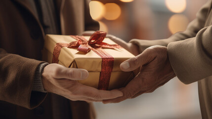 a close-up of a box and a gift in the hands of two people.Generative AI