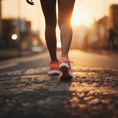 Frauenbeine mit weißen Laufschuhen am Joggen auf Straße Weg Natur (Durch AI generiert)