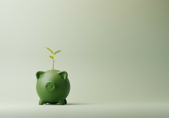 Plant growing out of Green Piggy Bank on plain background with copy space for text. Eco, Green, Ecological Investment and Saving concept. Minimal 3d rendering.
