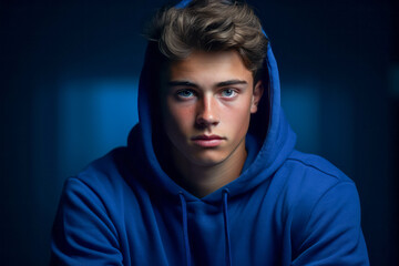 Intense Young Man with Blue Eyes Wearing a Hoodie in Moody Lighting