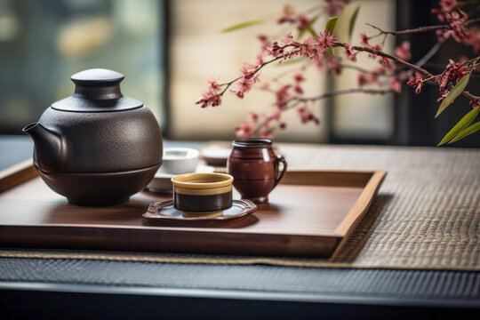Traditional Japanese Tea Set and Cherry Blossoms on a Tatami Mat