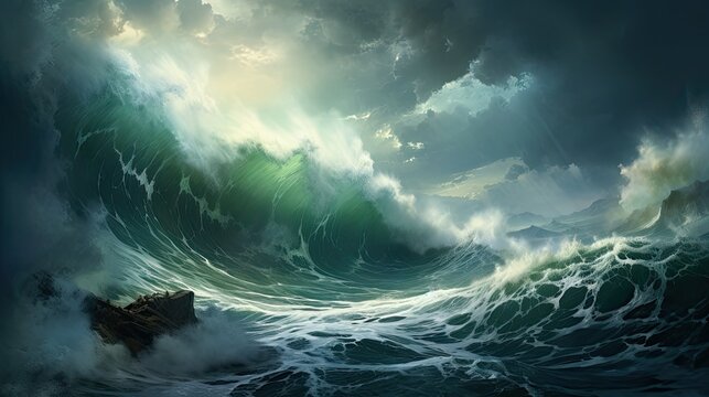 Beauty of marine nature, strength and power of the water element in form of a large turquoise sea wave crashing on shore.