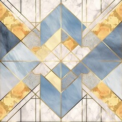 Abstract art deco background, minimalist geometric pattern, modern mosaic inlay, texture of bright multicolored marble agate and gold, stone, marbled tile, minimal. Generative AI, AI