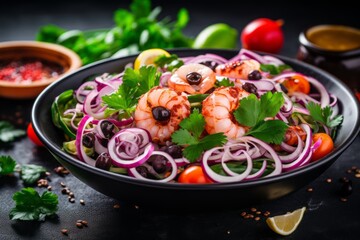 Delicious thai seafood salad on black plate with vibrant background   copy space available