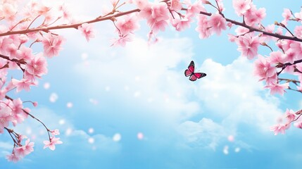Branches blossoming cherry on the background blue sky, fluttering butterflies in spring on nature...