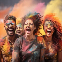 An image capturing people celebrating the colorful Holi festival, throwing vibrant powders.