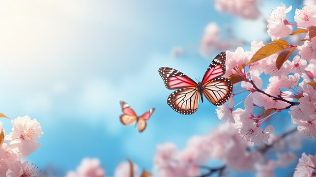  Branches blossoming cherry on background blue sky, fluttering butterflies in spring on nature outdoors. Pink sakura flowers, amazing colorful dreamy romantic artistic image spring nature