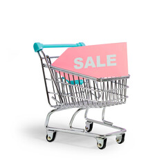 Online store shopping cart with offer label and transparent background and shadow