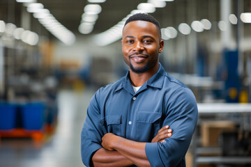 Naklejka premium Portrait of an African American factory worker standing in the production line with arms proudly crossed, dressed in work clothes