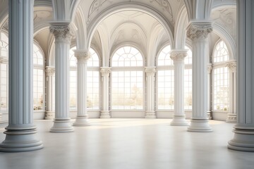 Fototapeta na wymiar a large white room with columns and a large window