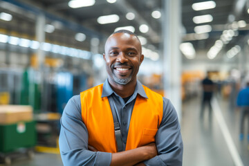 Portrait of an African American factory worker standing in the production line with arms proudly crossed, dressed in work clothes