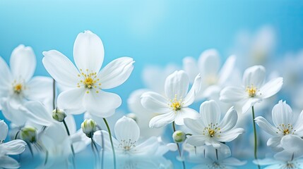 Delicate blue airy spring background with cherry blossoms macro on sky background in nature outdoors