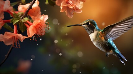Naklejka premium Delightfully beautiful bird hummingbird in flight over flowering plants in spring