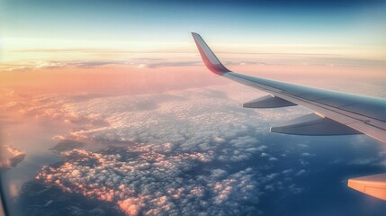 Airplane wing flying above the clouds on a beautiful orange sunset. Travel concept